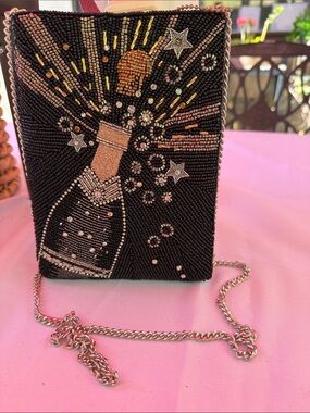 Mary Francis Embellished Champagne Beaded Crossbody Bag - Black